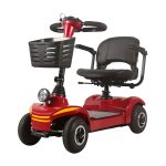a red mobility scooter with a basket