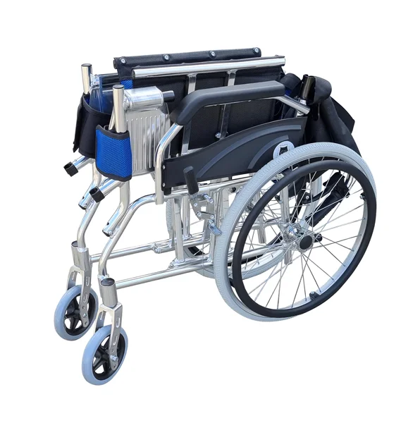 Blue Foldable Folded Backrest Lightweight Wheelchair Sideview Blue Foldable Folded Backrest Lightweight Wheelchair Sideview
