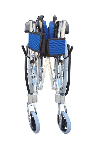 Blue Folded Foldable Backrest Lightweight Wheelchair Frontview Blue Folded Foldable Backrest Lightweight Wheelchair Frontview