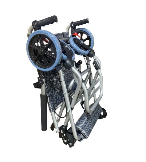 Foldable and Lightweight Manual Transit Chair in Folded State Foldable and Lightweight Manual Transit Chair in Folded State